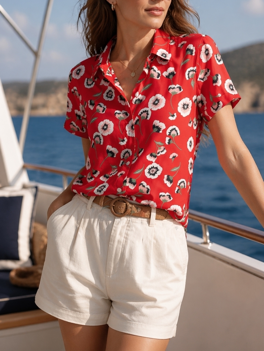 J. CREW Women’s Red Floral Button-Up Shirt – Resort Beach Vacation Blouse, S